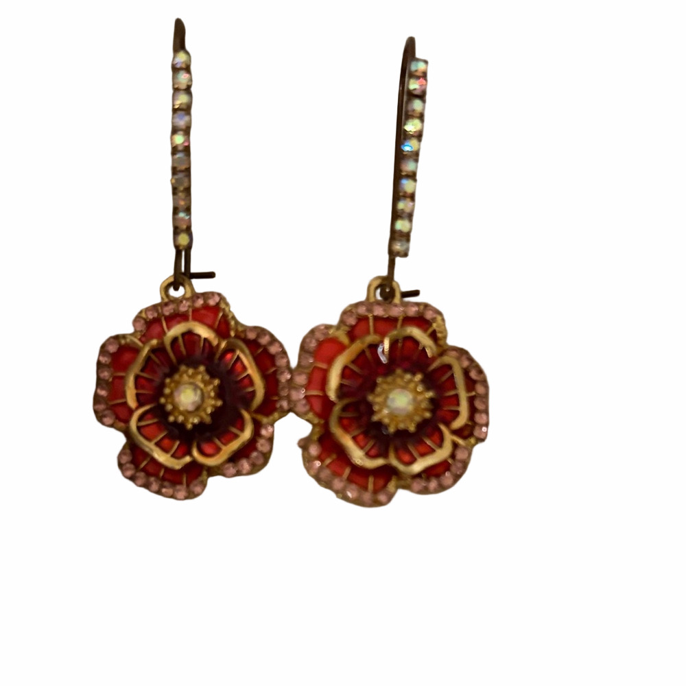 Betsy Johnson gold tone red rhinestone enameled sparkling rose wire earrings.